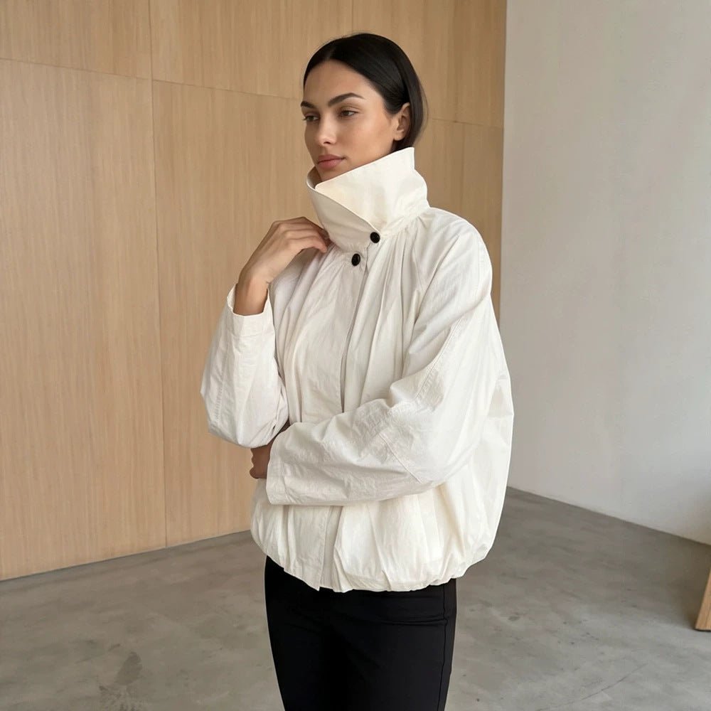 Women's short jacket with high stand-up collar, gathered shoulder area, and elastic hem Chichicherry - Chichicherry