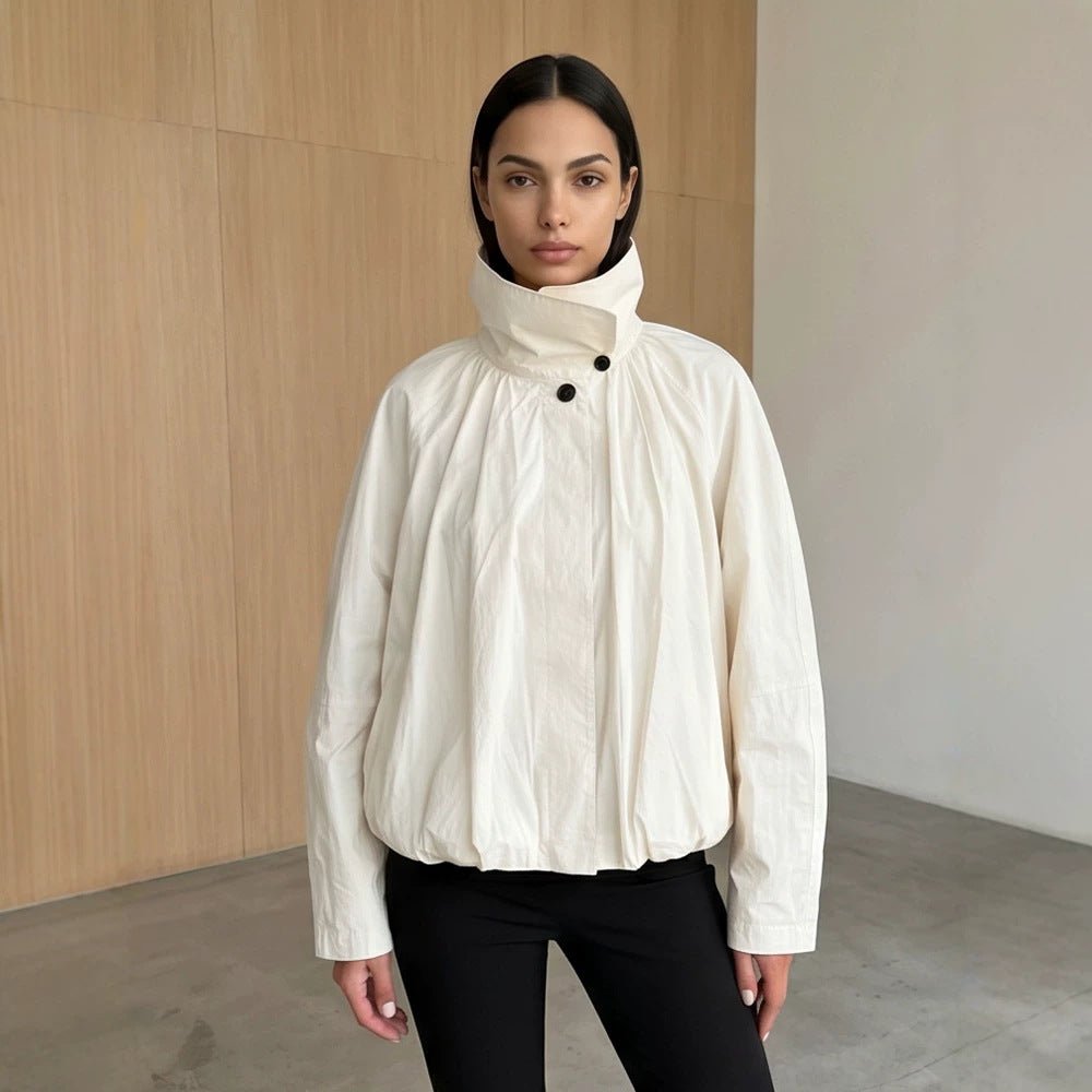 Women's short jacket with high stand-up collar, gathered shoulder area, and elastic hem Chichicherry - Chichicherry