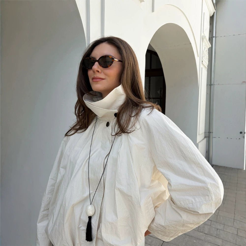 Women's short jacket with high stand-up collar, gathered shoulder area, and elastic hem Chichicherry - Chichicherry