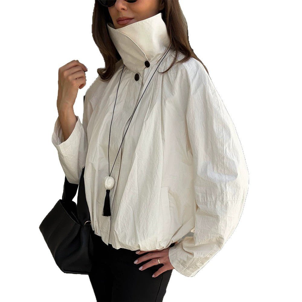 Women's short jacket with high stand-up collar, gathered shoulder area, and elastic hem Chichicherry - Chichicherry