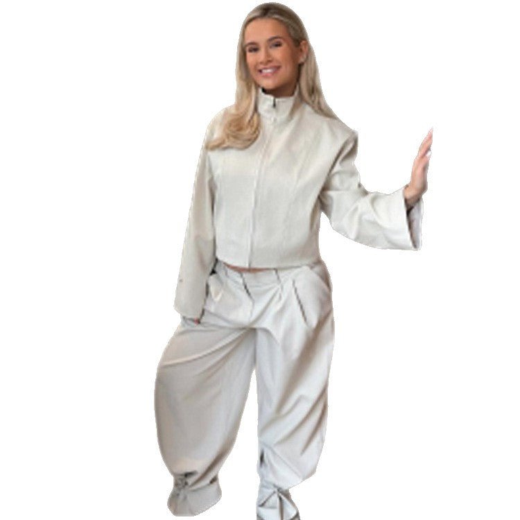 Women's Short Jacket with Stand Collar and Wide Pleated Trousers Set Chichicherry - Chichicherry