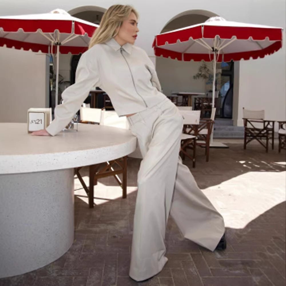 Women's Short Jacket with Stand Collar and Wide Pleated Trousers Set Chichicherry - Chichicherry