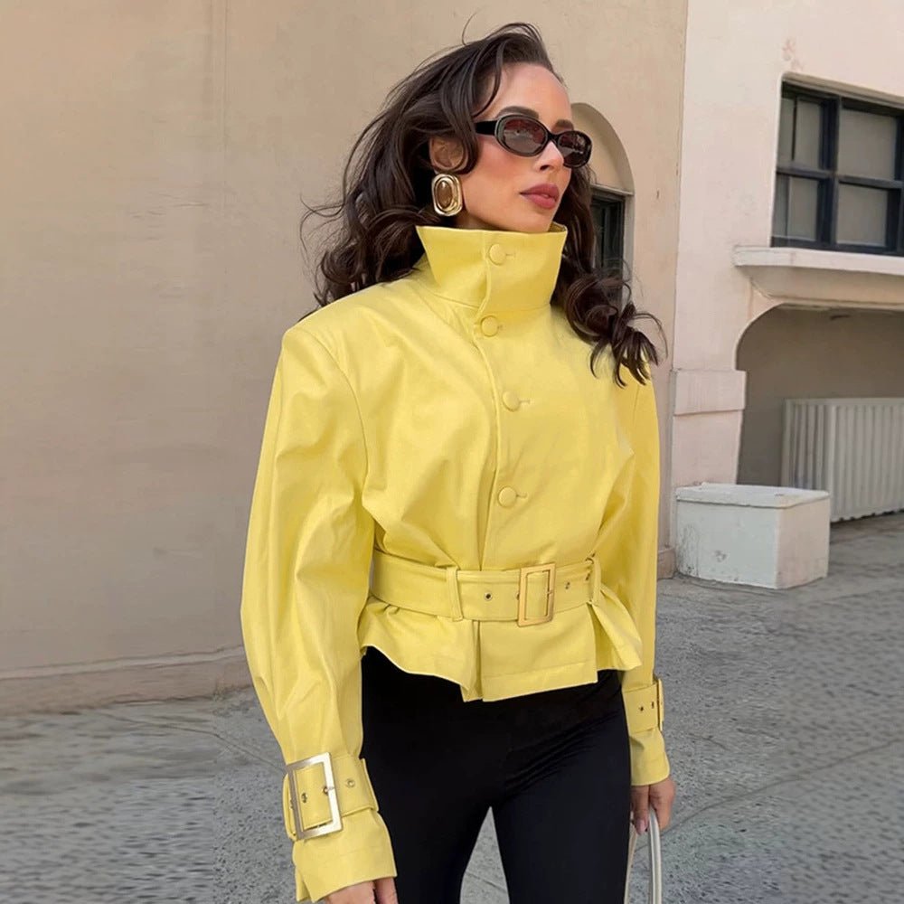 Women's short jacket with waist belt, high stand-up collar, and decorative cuffs Chichicherry - Chichicherry