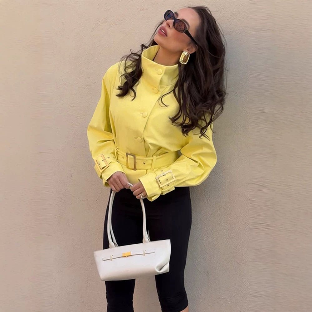 Women's short jacket with waist belt, high stand-up collar, and decorative cuffs Chichicherry - Chichicherry