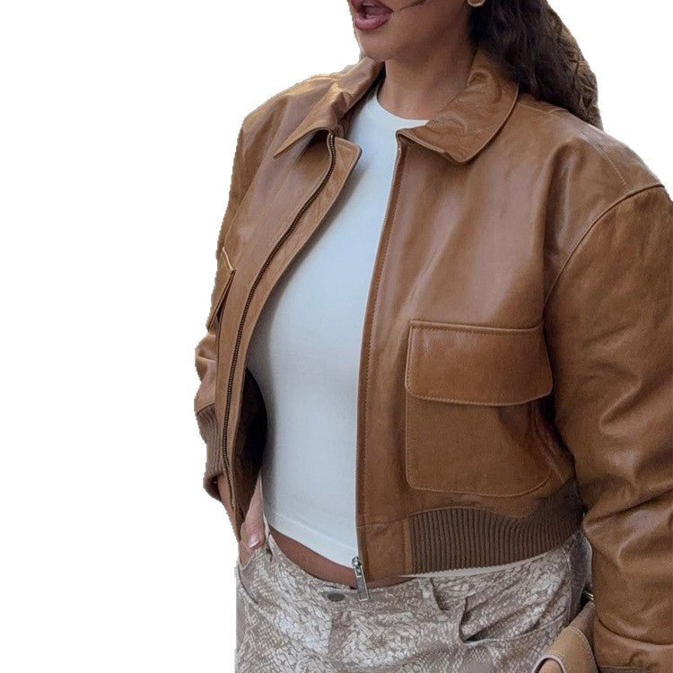 Women's Short Leather-Look Blouson Jacket with Large Flap Pockets and Ribbed Cuff Chichicherry - Chichicherry