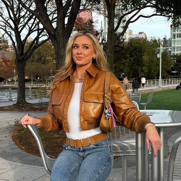 Women's Short Leather-Look Blouson Jacket with Large Flap Pockets and Ribbed Cuff Chichicherry - Chichicherry