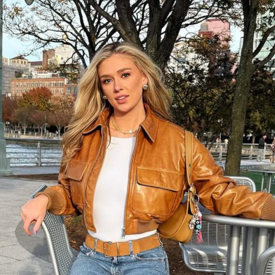 Women's Short Leather-Look Blouson Jacket with Large Flap Pockets and Ribbed Cuff Chichicherry - Chichicherry