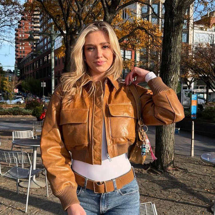 Women's Short Leather-Look Blouson Jacket with Large Flap Pockets and Ribbed Cuff Chichicherry - Chichicherry