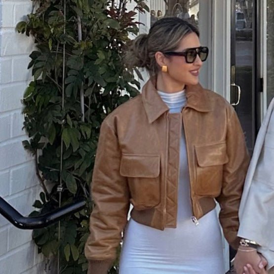 Women's Short Leather-Look Blouson Jacket with Large Flap Pockets and Ribbed Cuff Chichicherry - Chichicherry