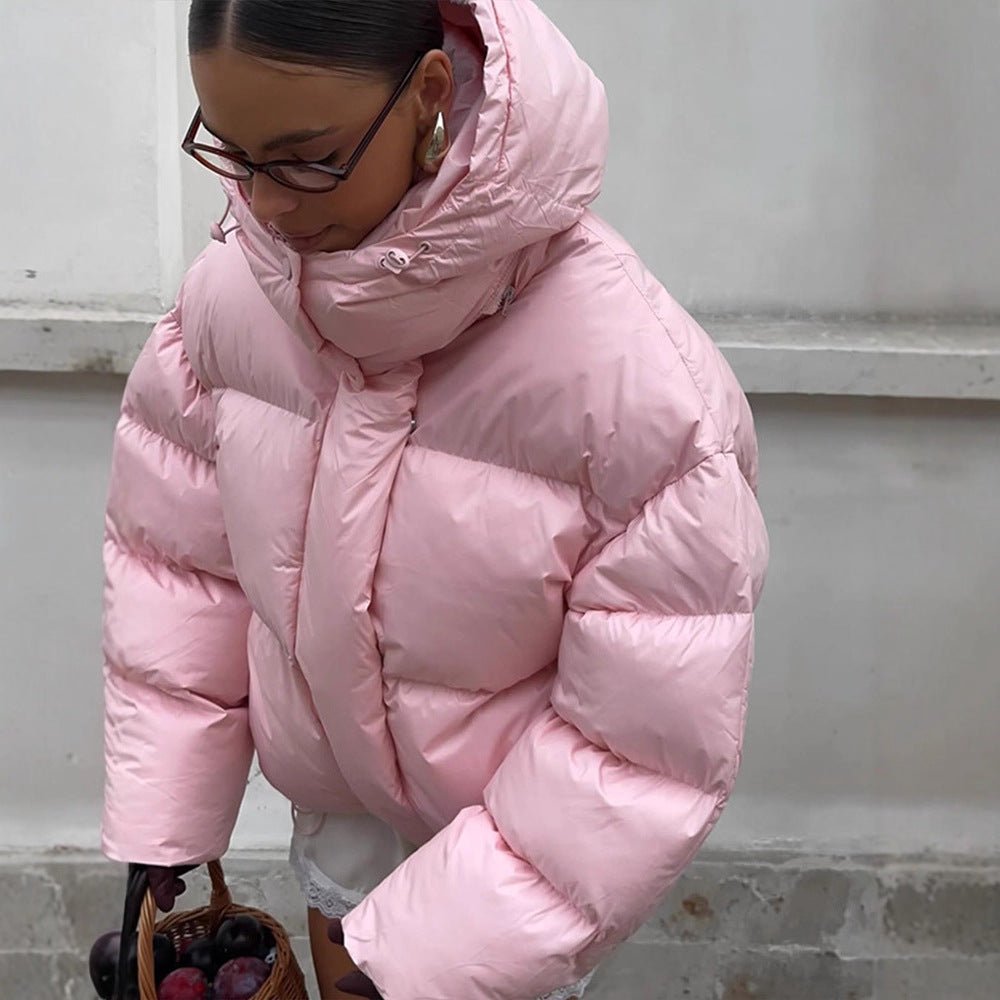 Women's short oversized quilted down jacket with hood and high stand-up collar Chichicherry - Chichicherry