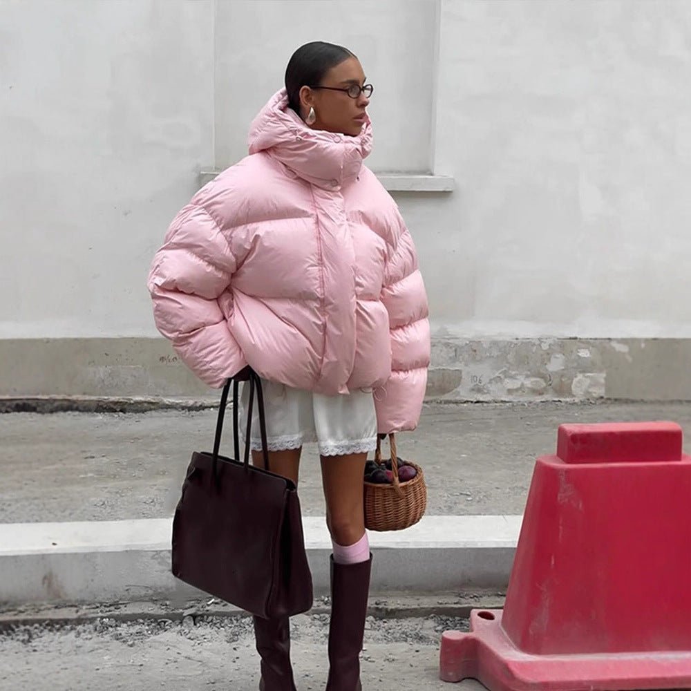Women's short oversized quilted down jacket with hood and high stand-up collar Chichicherry - Chichicherry