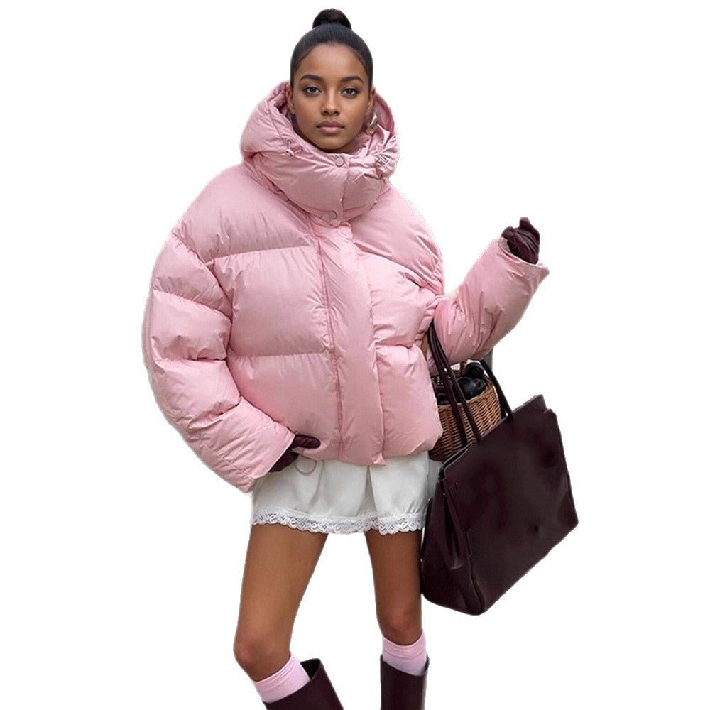 Women's short oversized quilted down jacket with hood and high stand-up collar Chichicherry - Chichicherry
