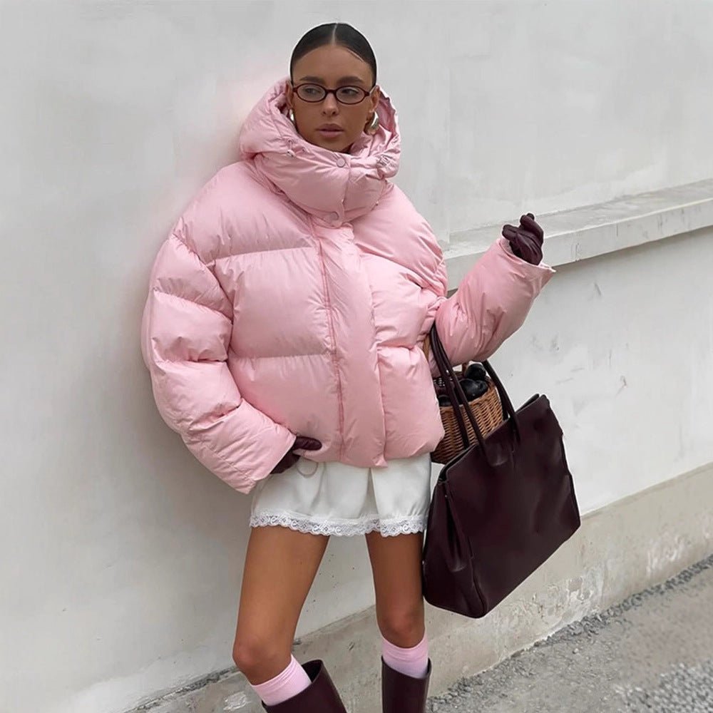 Women's short oversized quilted down jacket with hood and high stand-up collar Chichicherry - Chichicherry