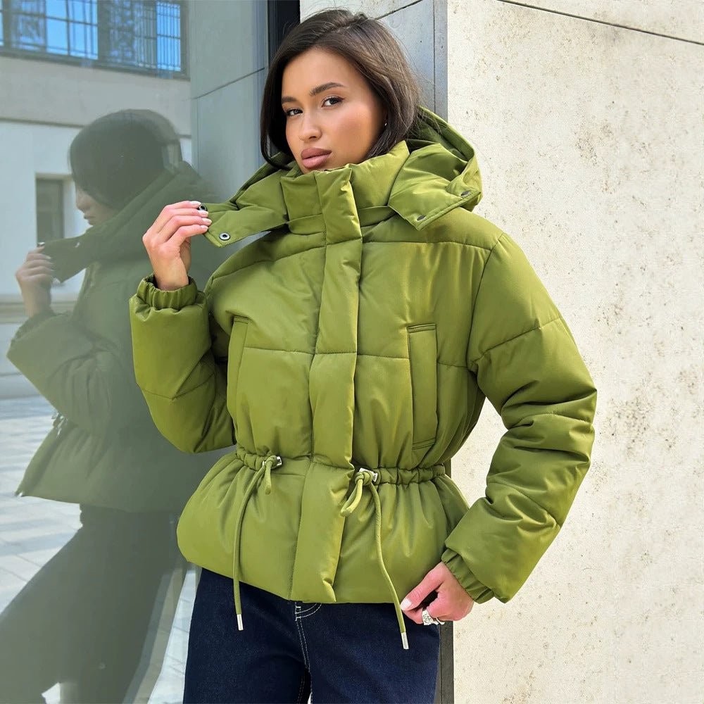 Women’s short padded hooded jacket with waist drawstring and high stand-up collar Chichicherry - Chichicherry