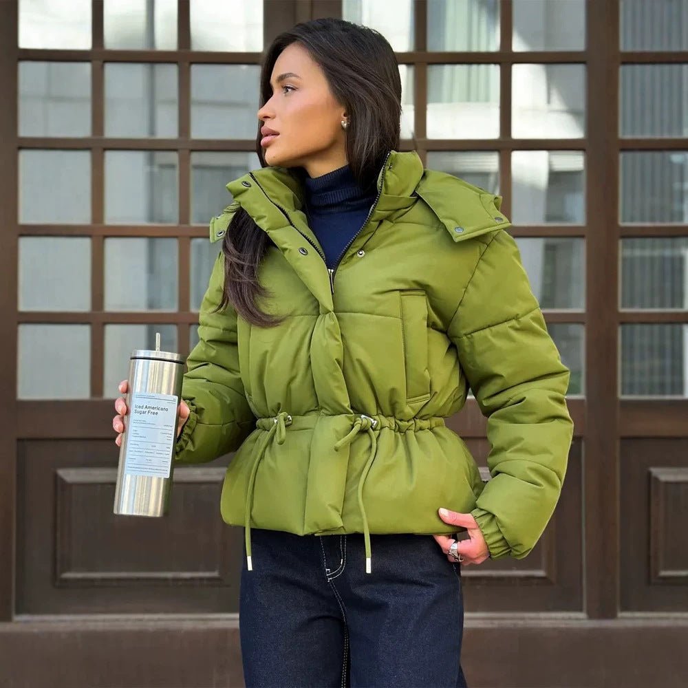 Women’s short padded hooded jacket with waist drawstring and high stand-up collar Chichicherry - Chichicherry