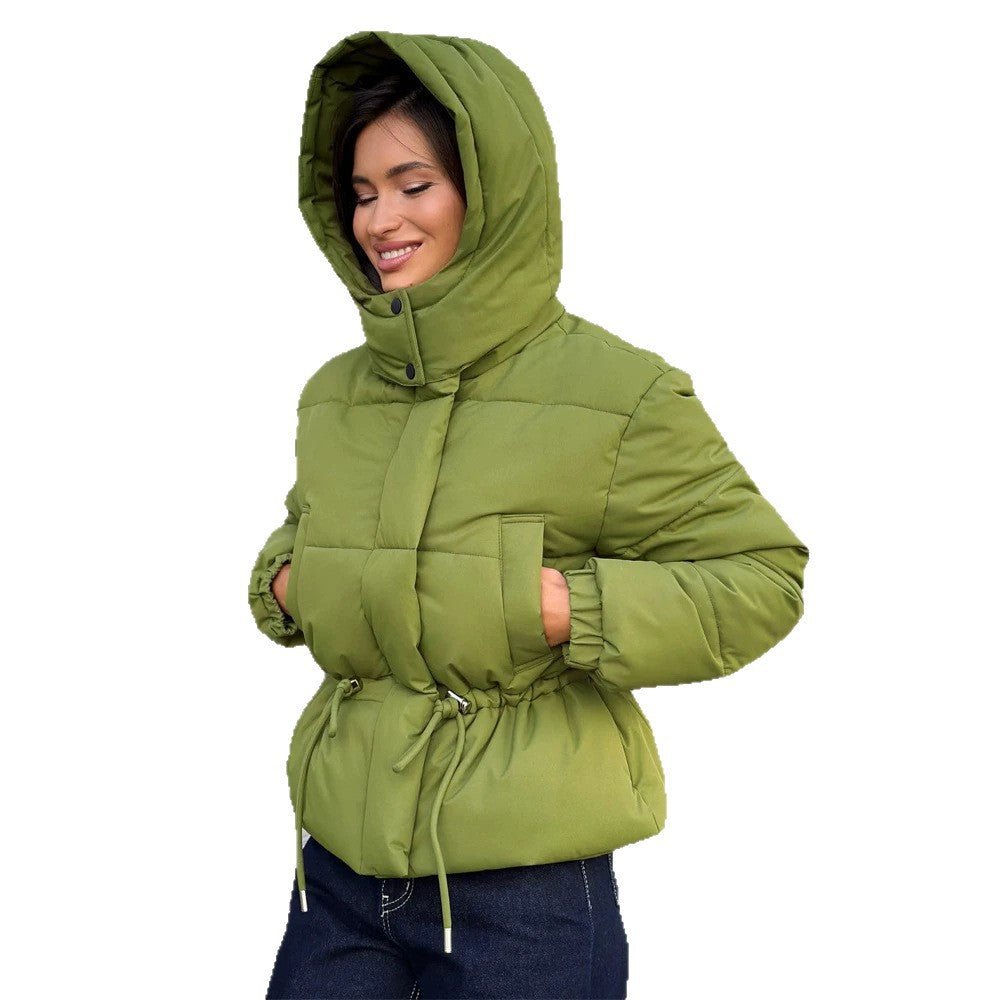 Women’s short padded hooded jacket with waist drawstring and high stand-up collar Chichicherry - Chichicherry