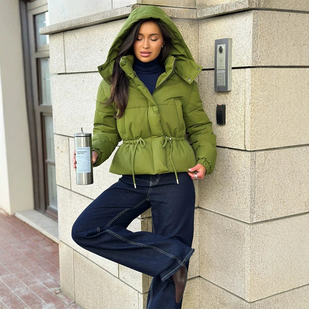 Women’s short padded hooded jacket with waist drawstring and high stand-up collar Chichicherry - Chichicherry
