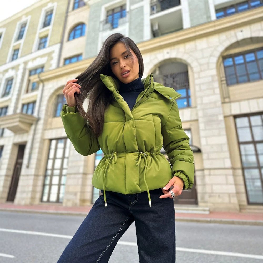 Women’s short padded hooded jacket with waist drawstring and high stand-up collar Chichicherry - Chichicherry