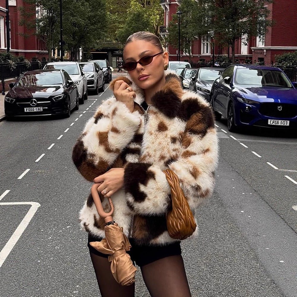 Women's Short Patchwork Faux Fur Blouson with Stand Collar and Concealed Zipper Chichicherry - Chichicherry