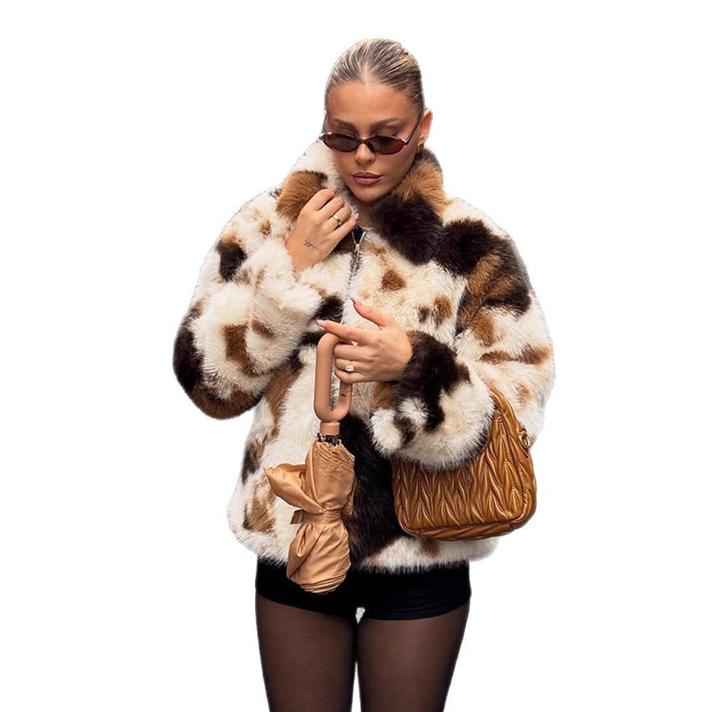 Women's Short Patchwork Faux Fur Blouson with Stand Collar and Concealed Zipper Chichicherry - Chichicherry