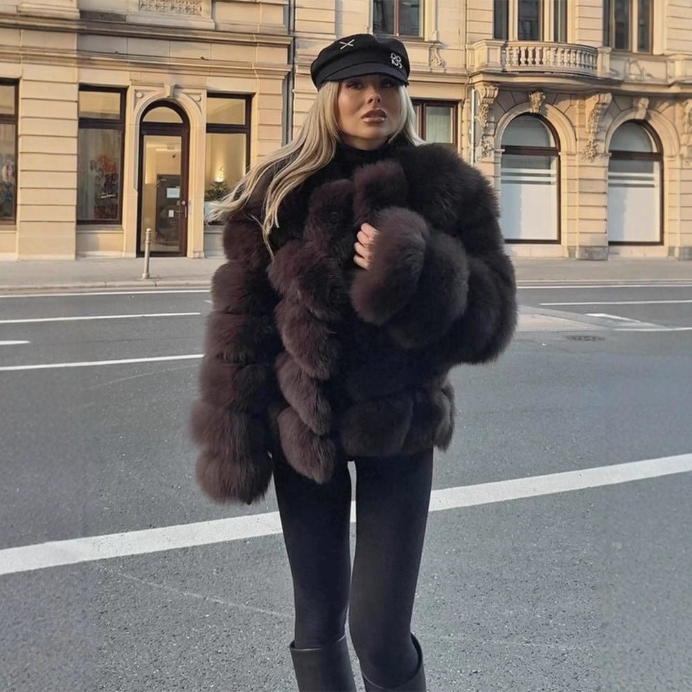 Women's Short Plush Boxy Faux Fur Blouson with Layered Volume Stripes Chichicherry - Chichicherry