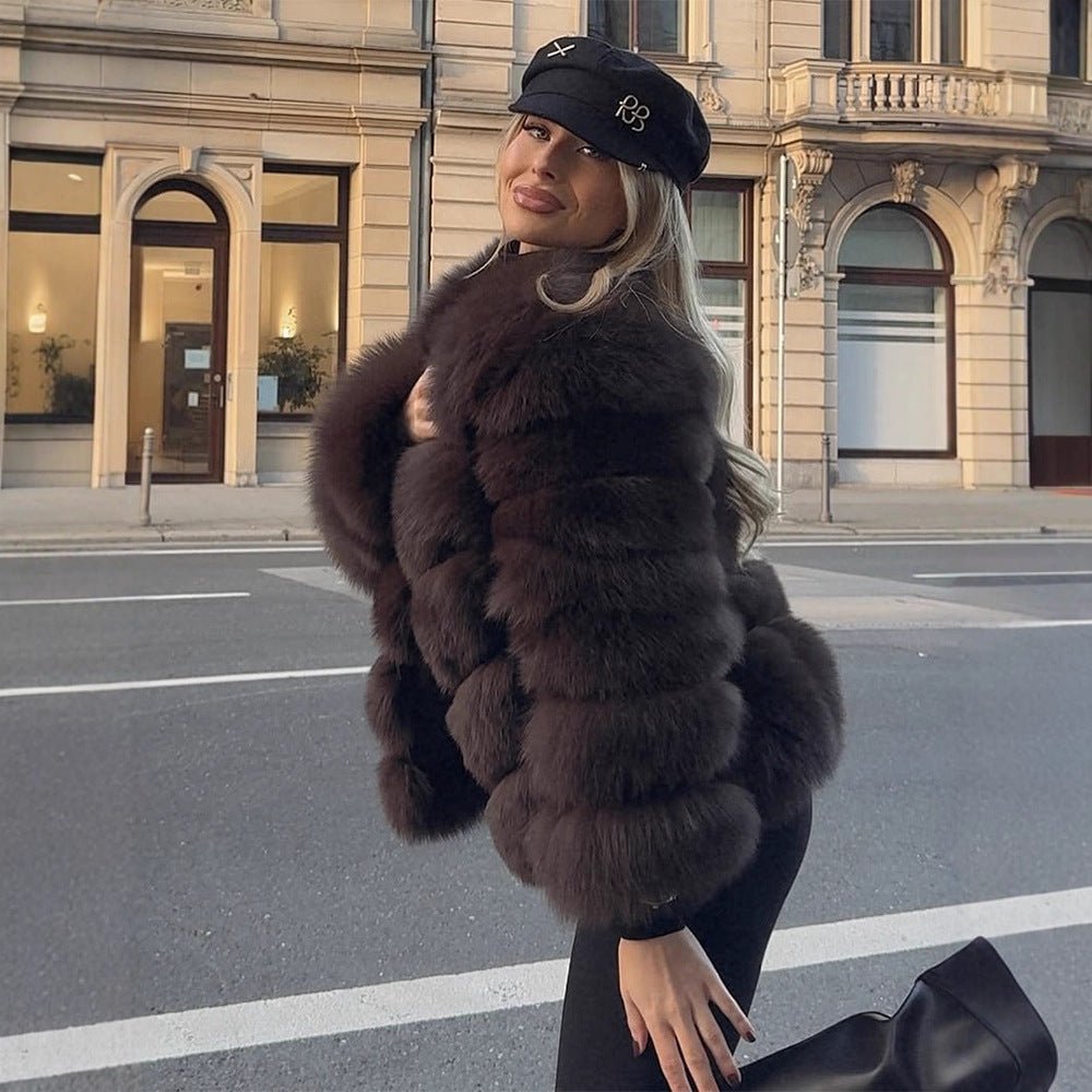 Women's Short Plush Boxy Faux Fur Blouson with Layered Volume Stripes Chichicherry - Chichicherry