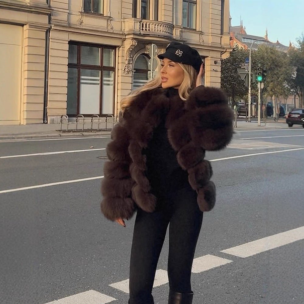 Women's Short Plush Boxy Faux Fur Blouson with Layered Volume Stripes Chichicherry - Chichicherry