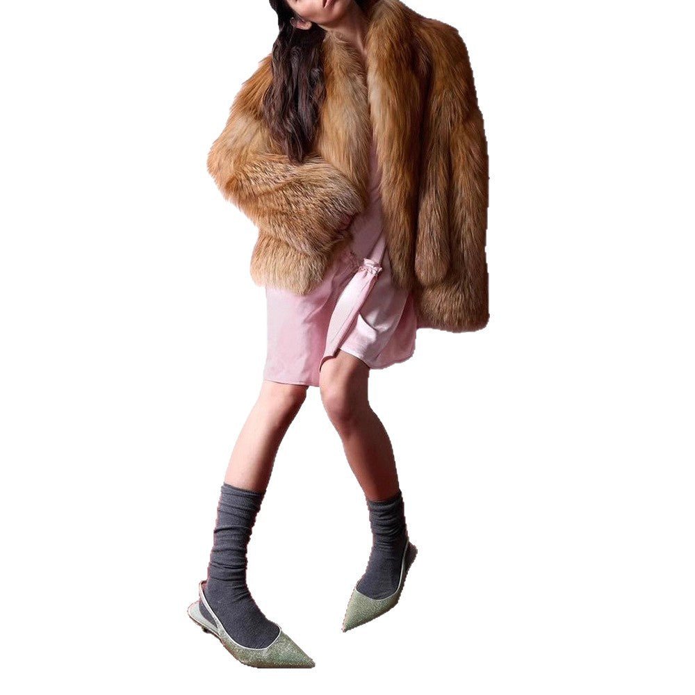Women's Short Plush Faux Fur Coat with Boxy Silhouette and Voluminous Shawl Collar Chichicherry - Chichicherry