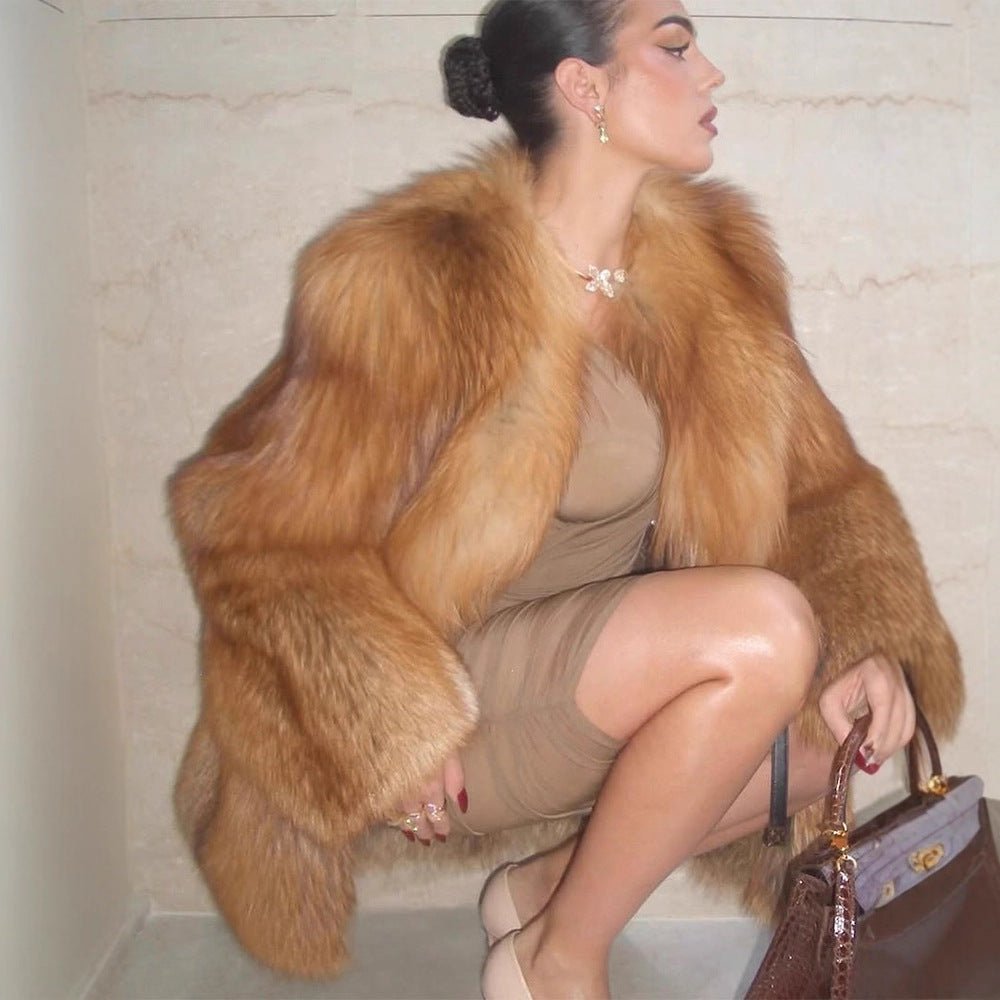Women's Short Plush Faux Fur Coat with Boxy Silhouette and Voluminous Shawl Collar Chichicherry - Chichicherry