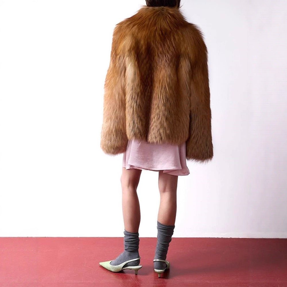 Women's Short Plush Faux Fur Coat with Boxy Silhouette and Voluminous Shawl Collar Chichicherry - Chichicherry