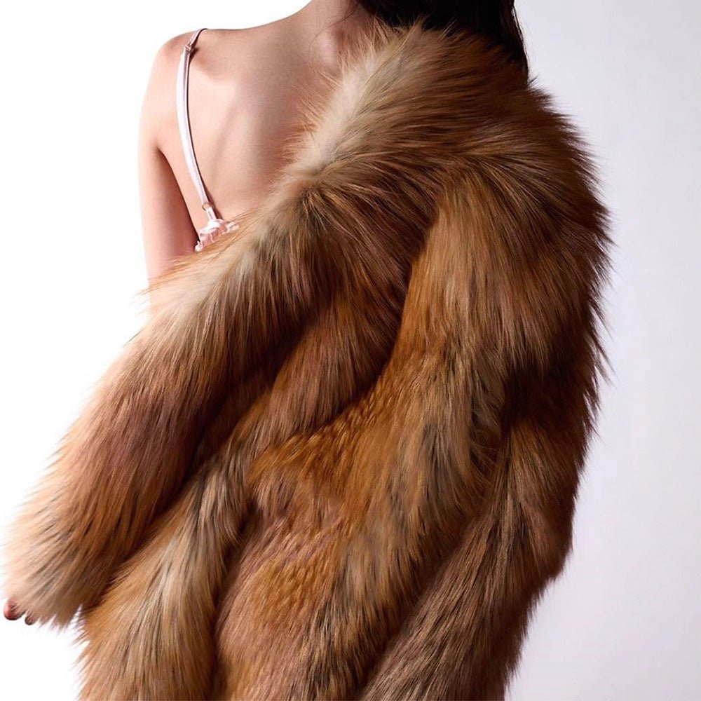 Women's Short Plush Faux Fur Coat with Boxy Silhouette and Voluminous Shawl Collar Chichicherry - Chichicherry