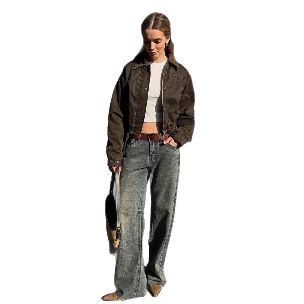 Women's Short Quilted Blouson Jacket in Leopard Pattern with Cord Collar Chichicherry - Chichicherry