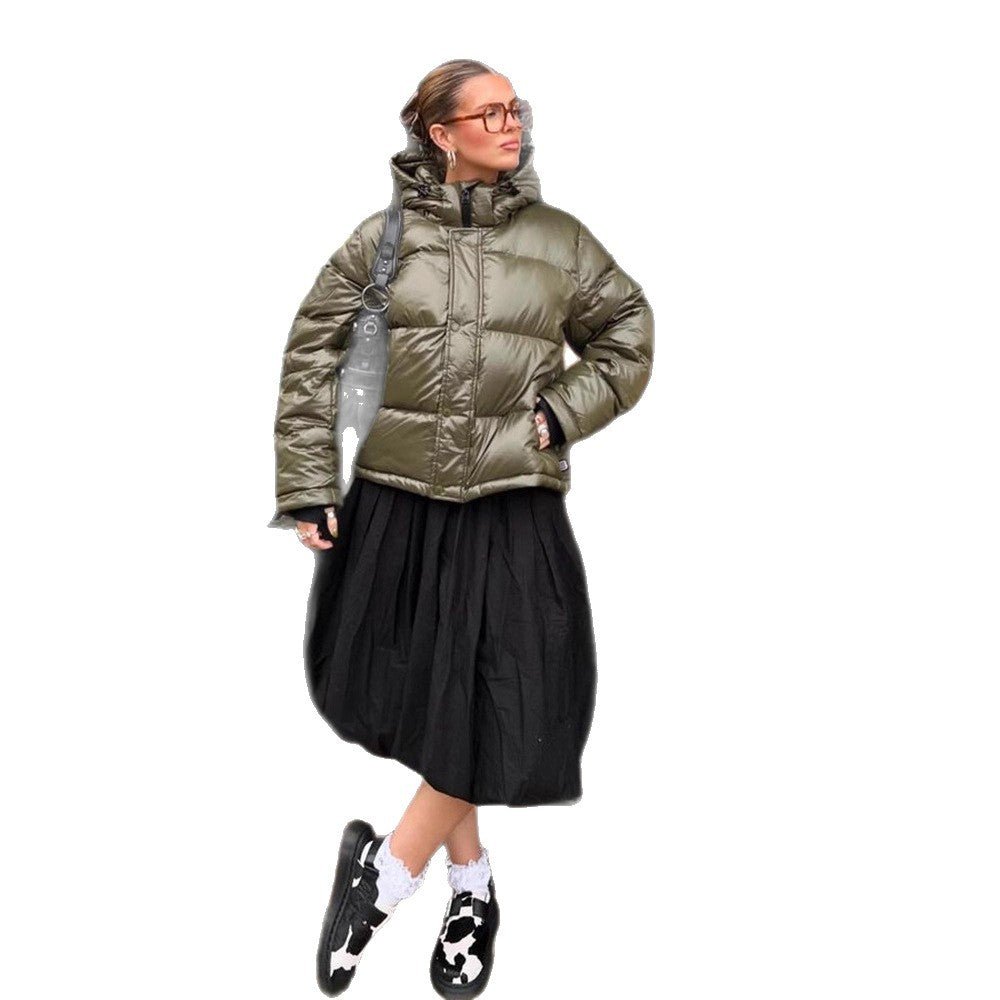 Women's Short Shiny Padded Jacket with Hood and Boxy Silhouette Chichicherry - Chichicherry