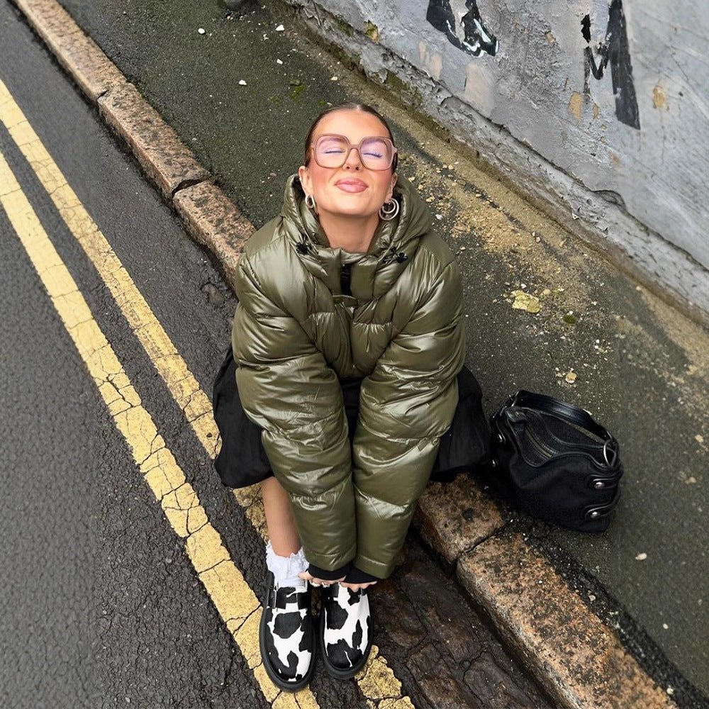 Women's Short Shiny Padded Jacket with Hood and Boxy Silhouette Chichicherry - Chichicherry