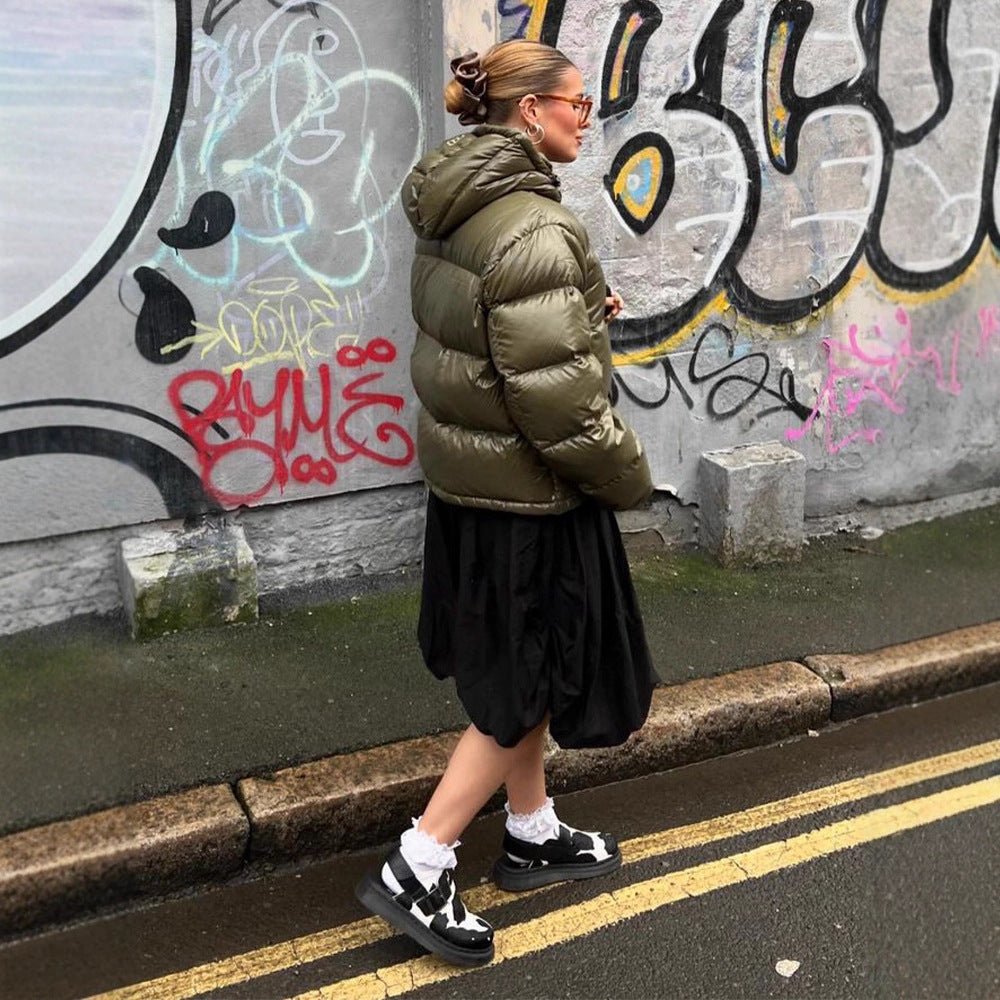 Women's Short Shiny Padded Jacket with Hood and Boxy Silhouette Chichicherry - Chichicherry