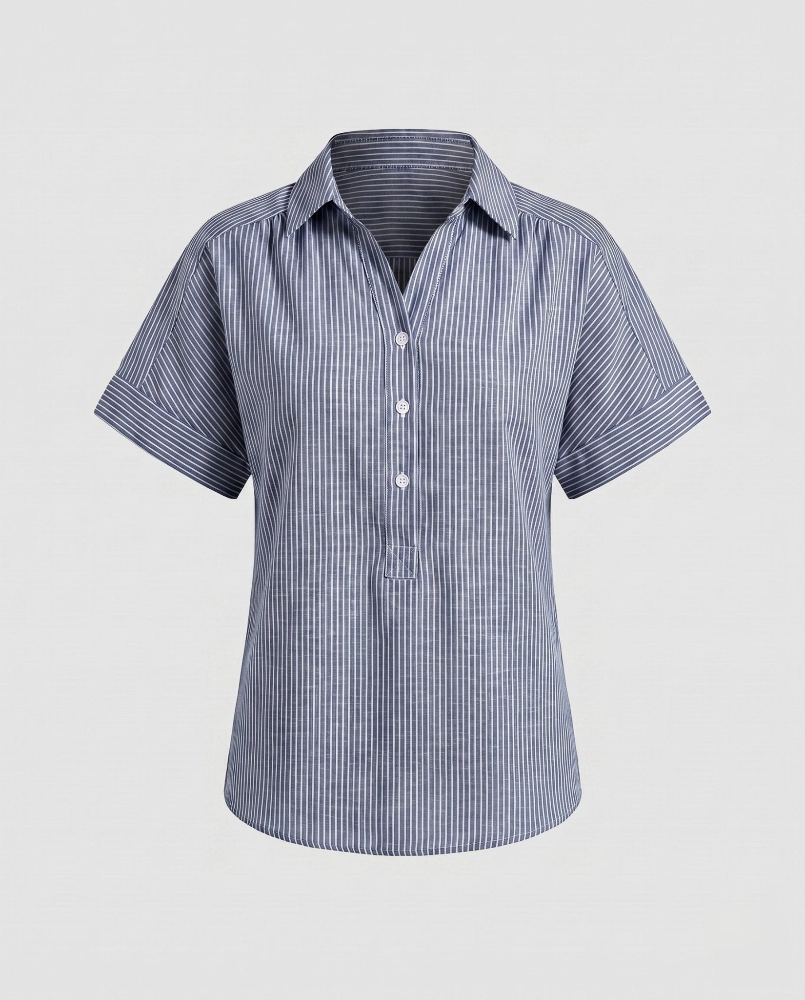 Women's short sleeve blouse with fine stripes and modern button details - Chichicherry