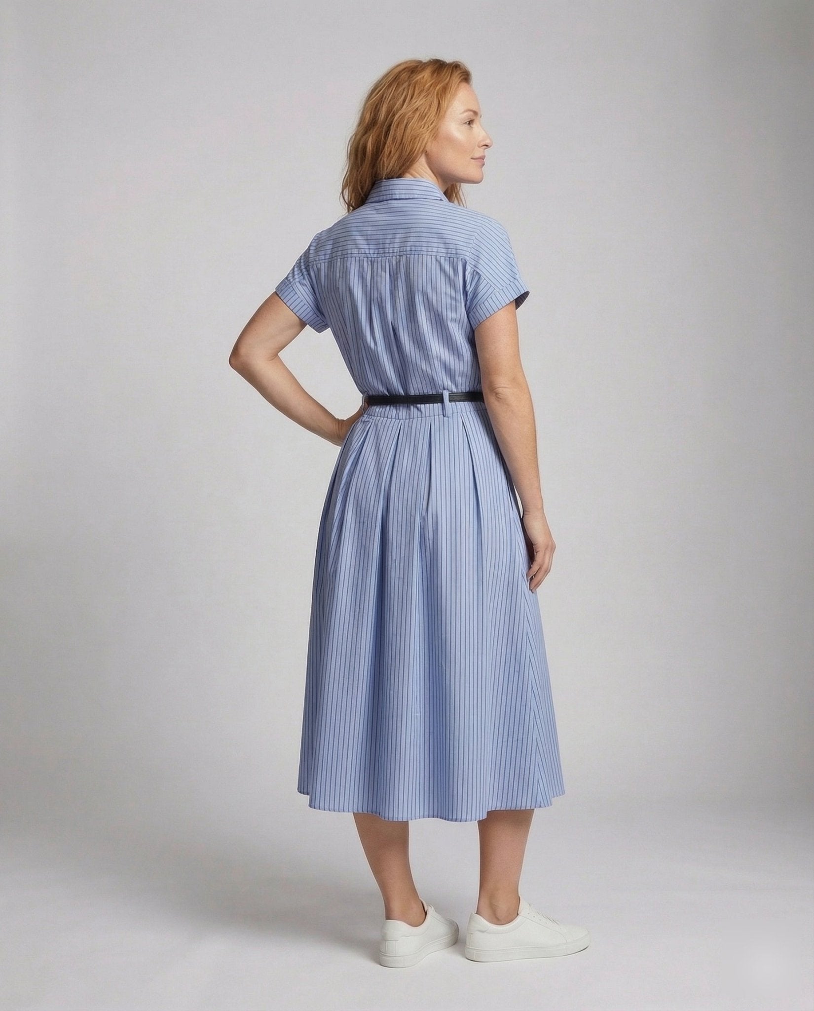 Women's Short Sleeve Shirt Dress with Pinstripes - Chichicherry