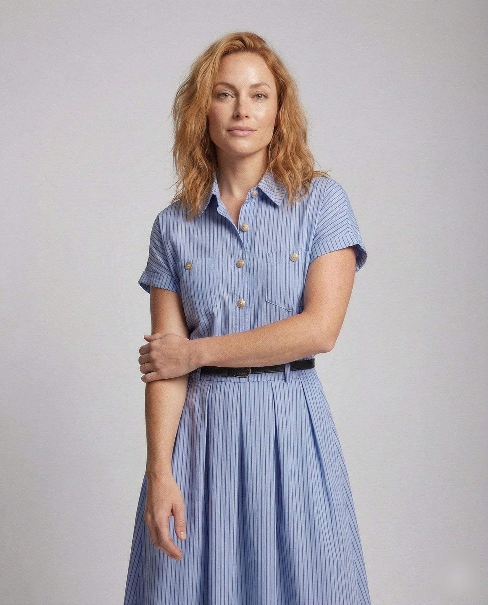 Women's Short Sleeve Shirt Dress with Pinstripes - Chichicherry