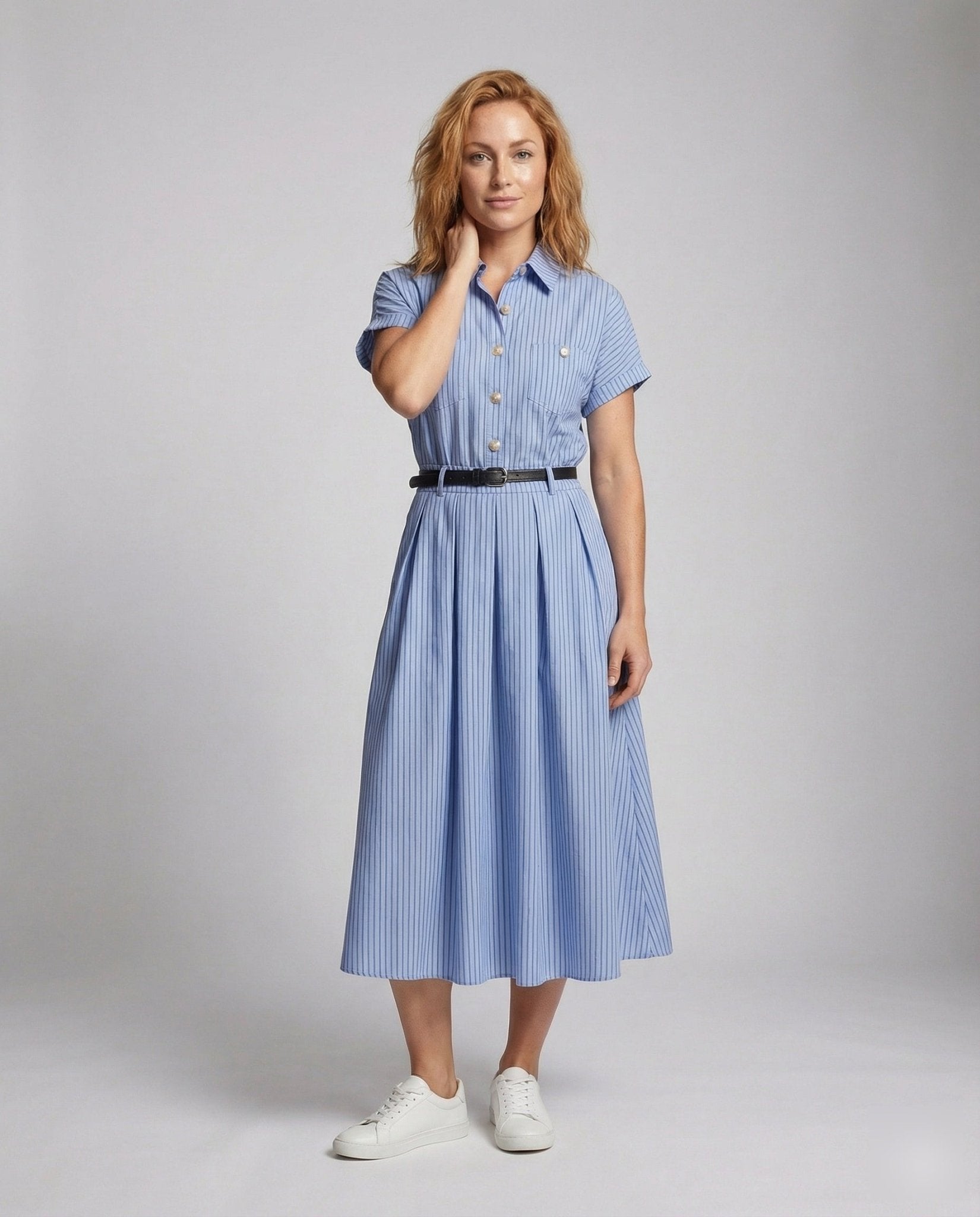Women's Short Sleeve Shirt Dress with Pinstripes - Chichicherry