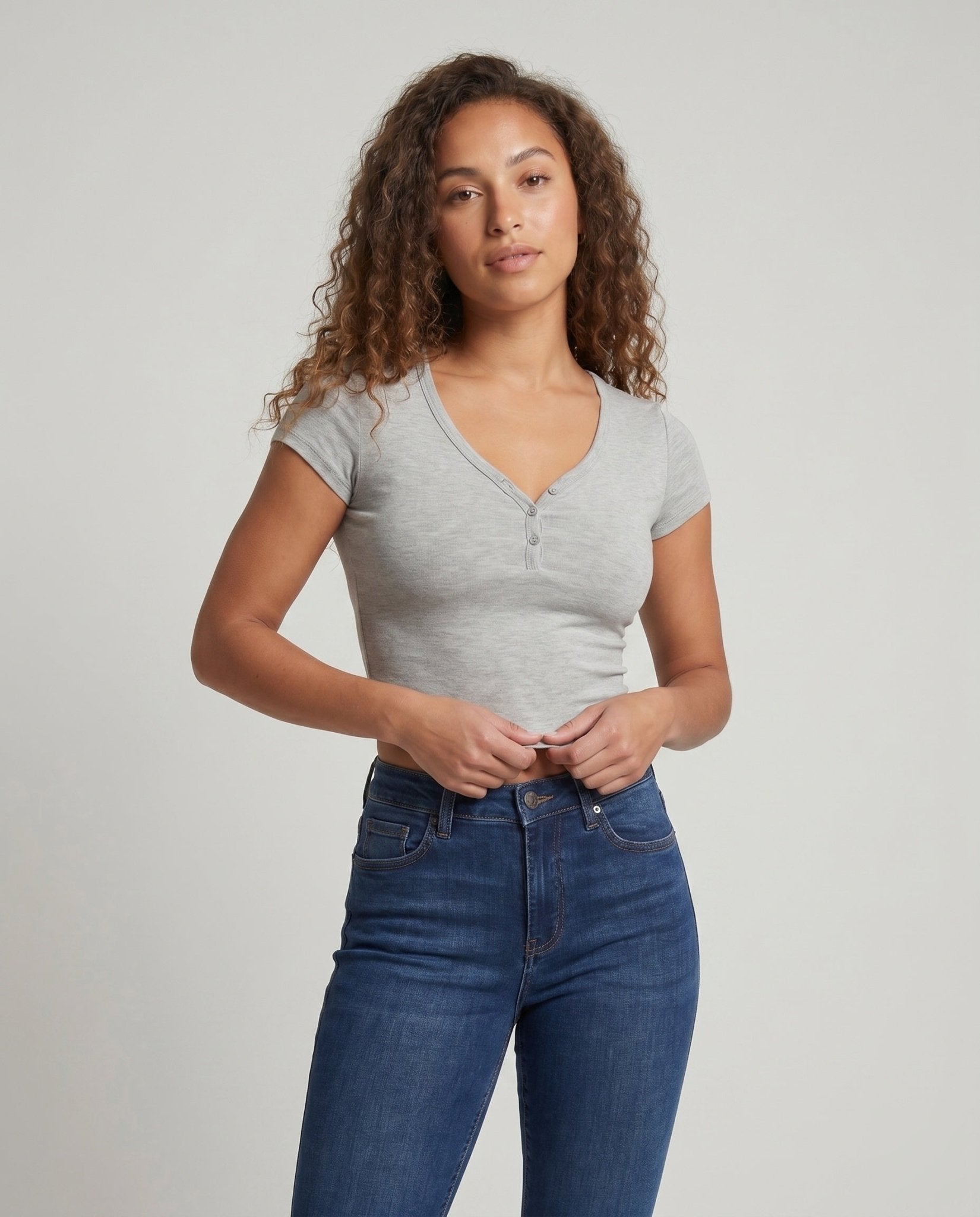 Women's Short Sleeve T-Shirt with Button Placket and Fitted Cut - Chichicherry