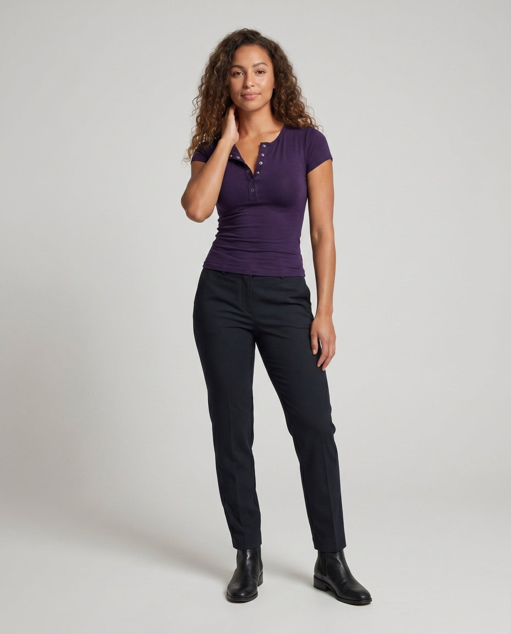 Women's Short Sleeve Top with Buttoned Neckline and Casual Fit - Chichicherry