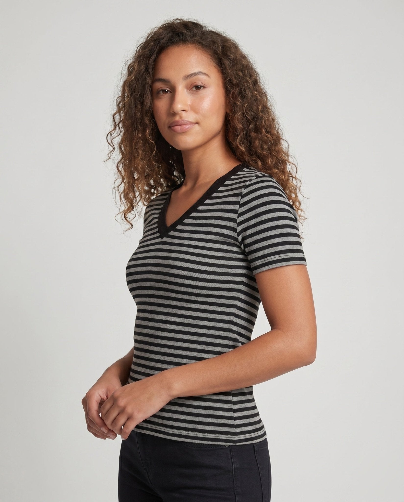Women's Short Sleeve V-Neck Shirt with Fashionable Stripe Pattern - Chichicherry