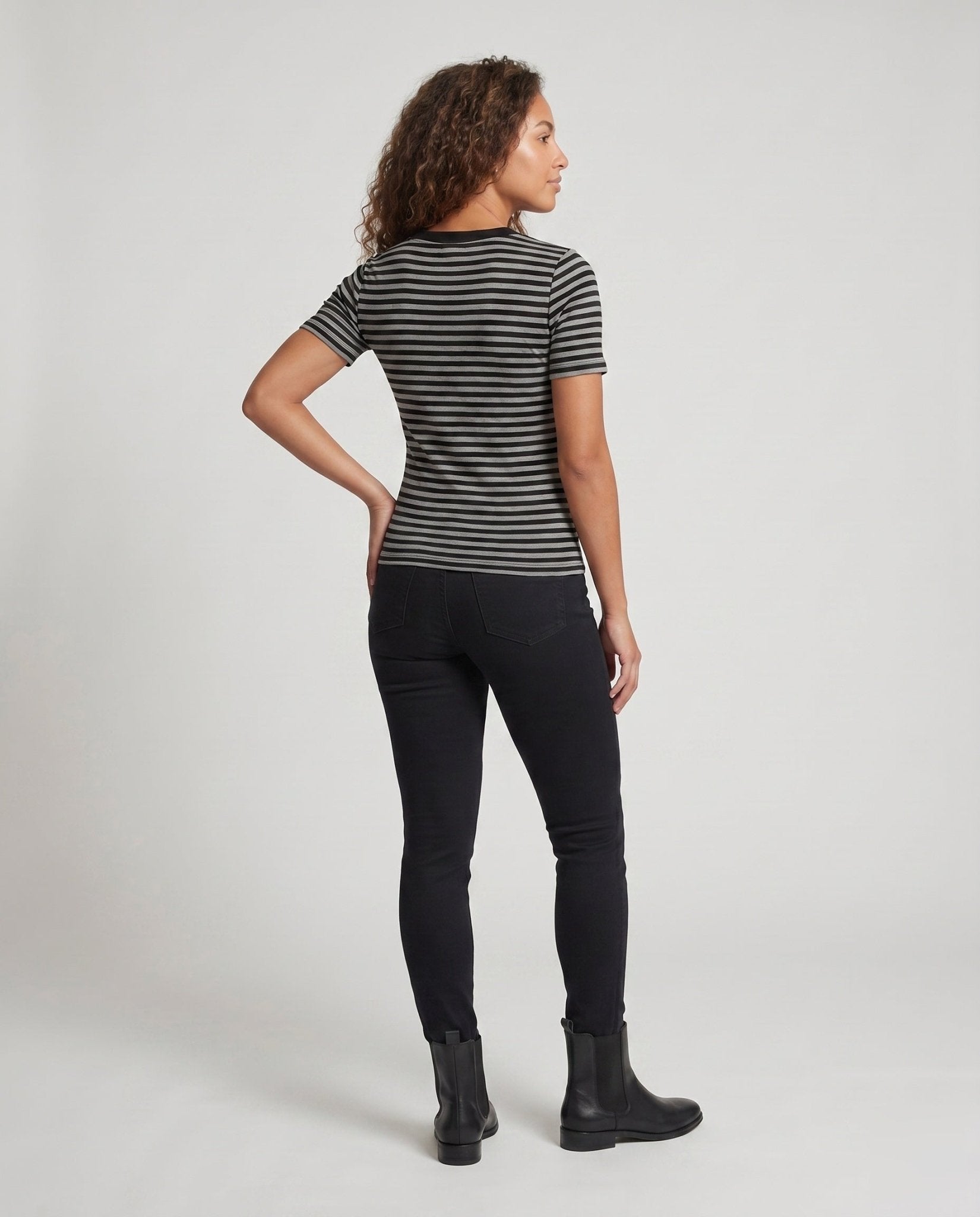 Women's Short Sleeve V-Neck Shirt with Fashionable Stripe Pattern - Chichicherry