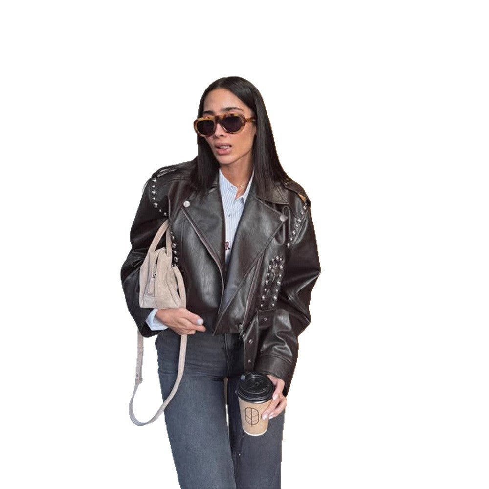 Women's Short Studded Biker Jacket Made of Faux Leather with Waist Belt Chichicherry - Chichicherry