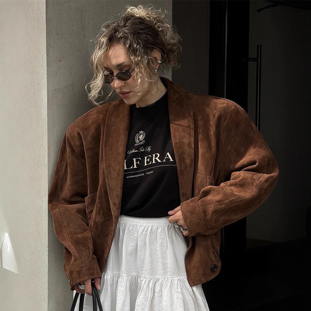 Women's Short Suede Boxy Jacket with Kimono-like Lapel Chichicherry - Chichicherry