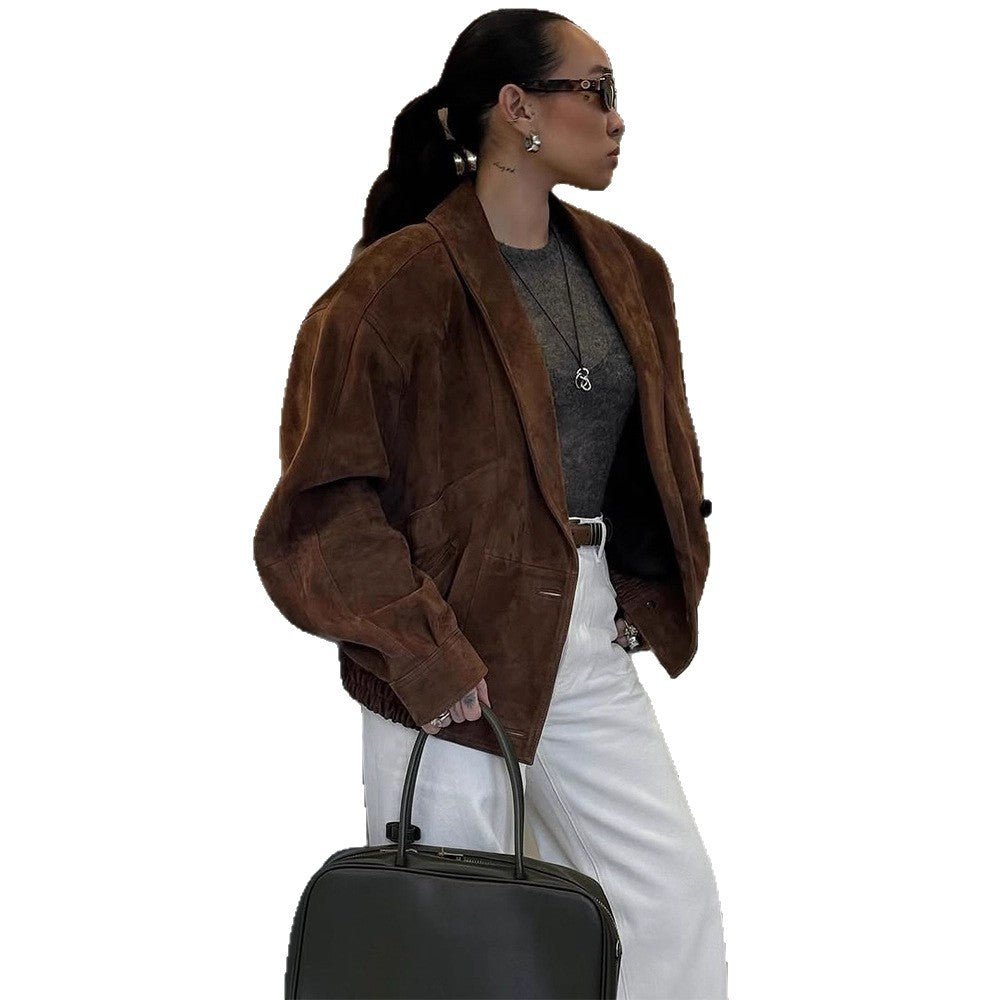 Women's Short Suede Boxy Jacket with Kimono-like Lapel Chichicherry - Chichicherry