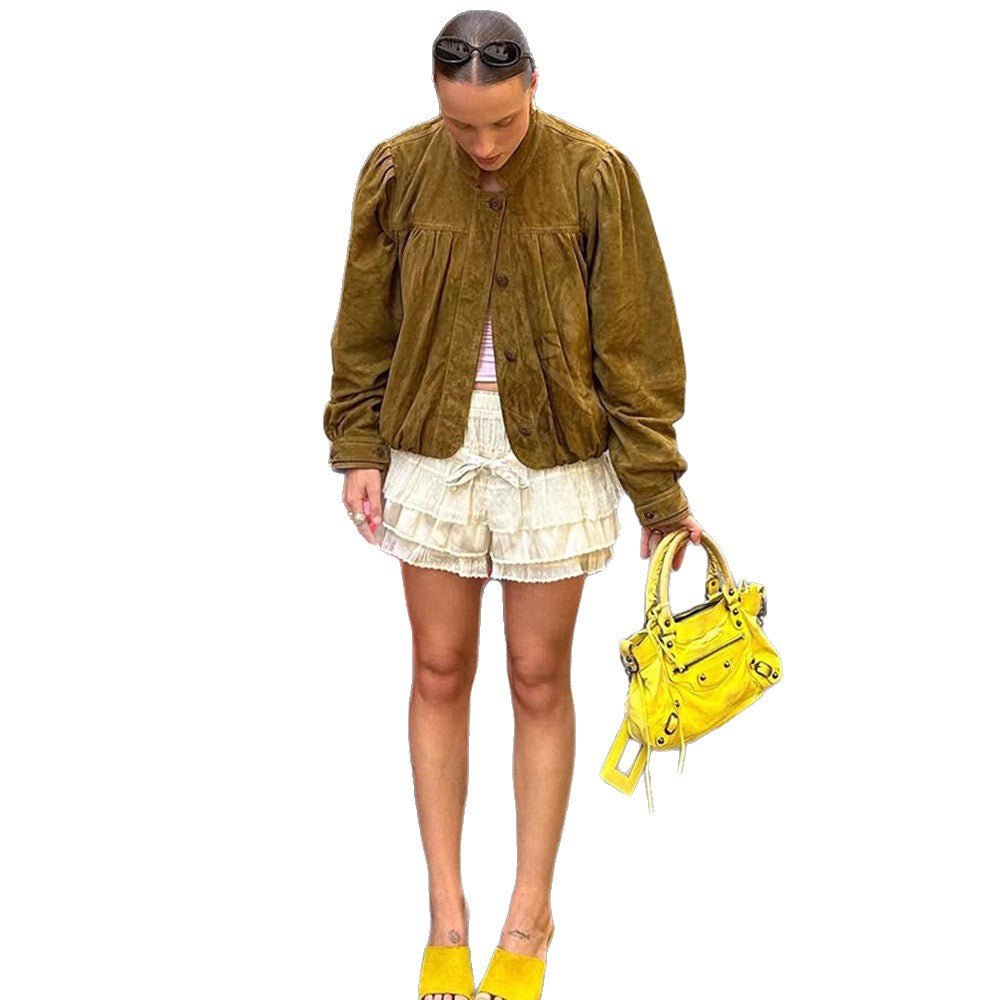 Women's Short Suede Jacket with Pleats, Puff Sleeves & Button Placket Chichicherry - Chichicherry