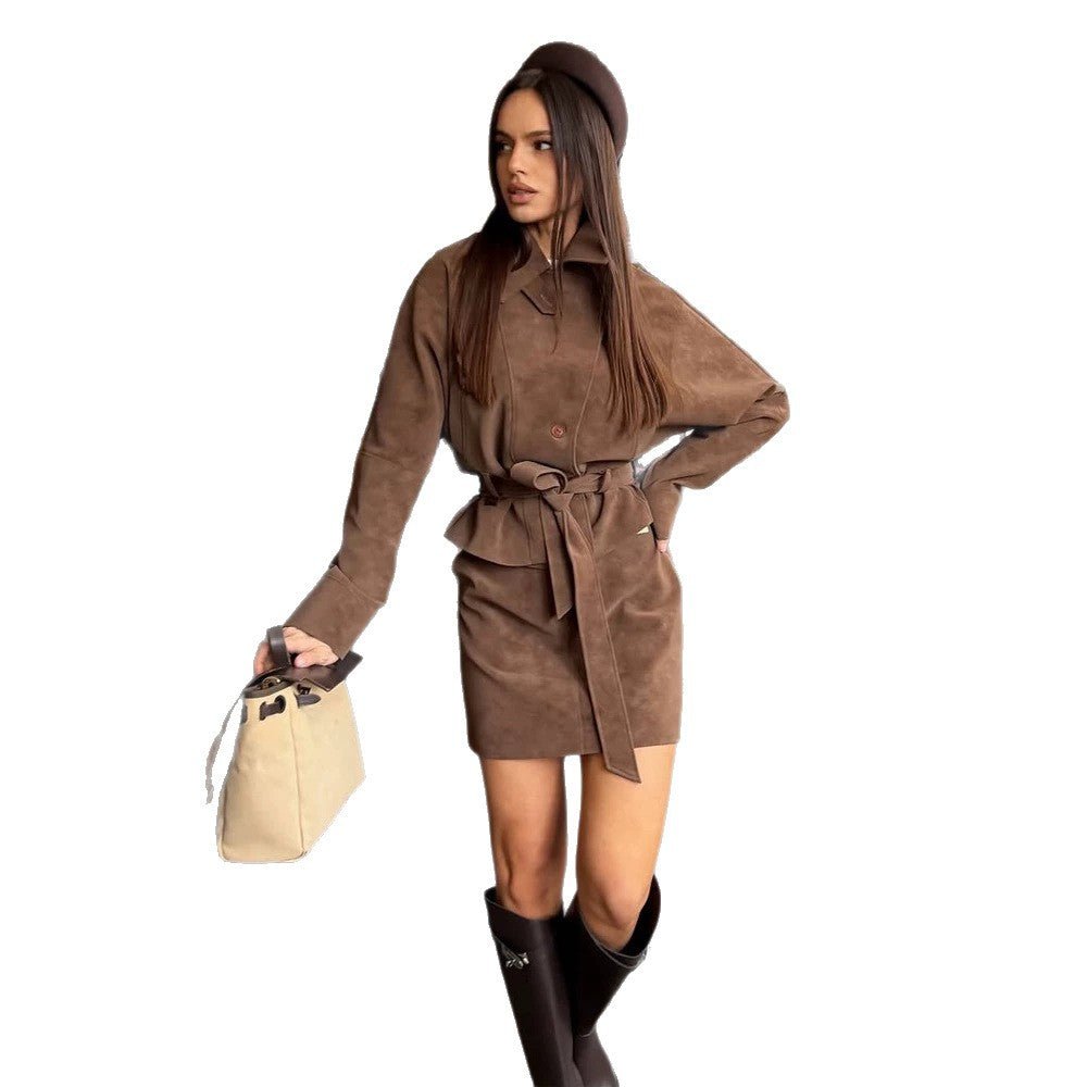 Women's Short Suede Set: Tailored Blouson with Stand Collar & Matching Mini Skirt Chichicherry - Chichicherry