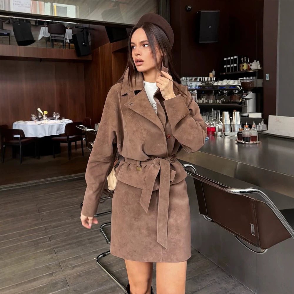 Women's Short Suede Set: Tailored Blouson with Stand Collar & Matching Mini Skirt Chichicherry - Chichicherry