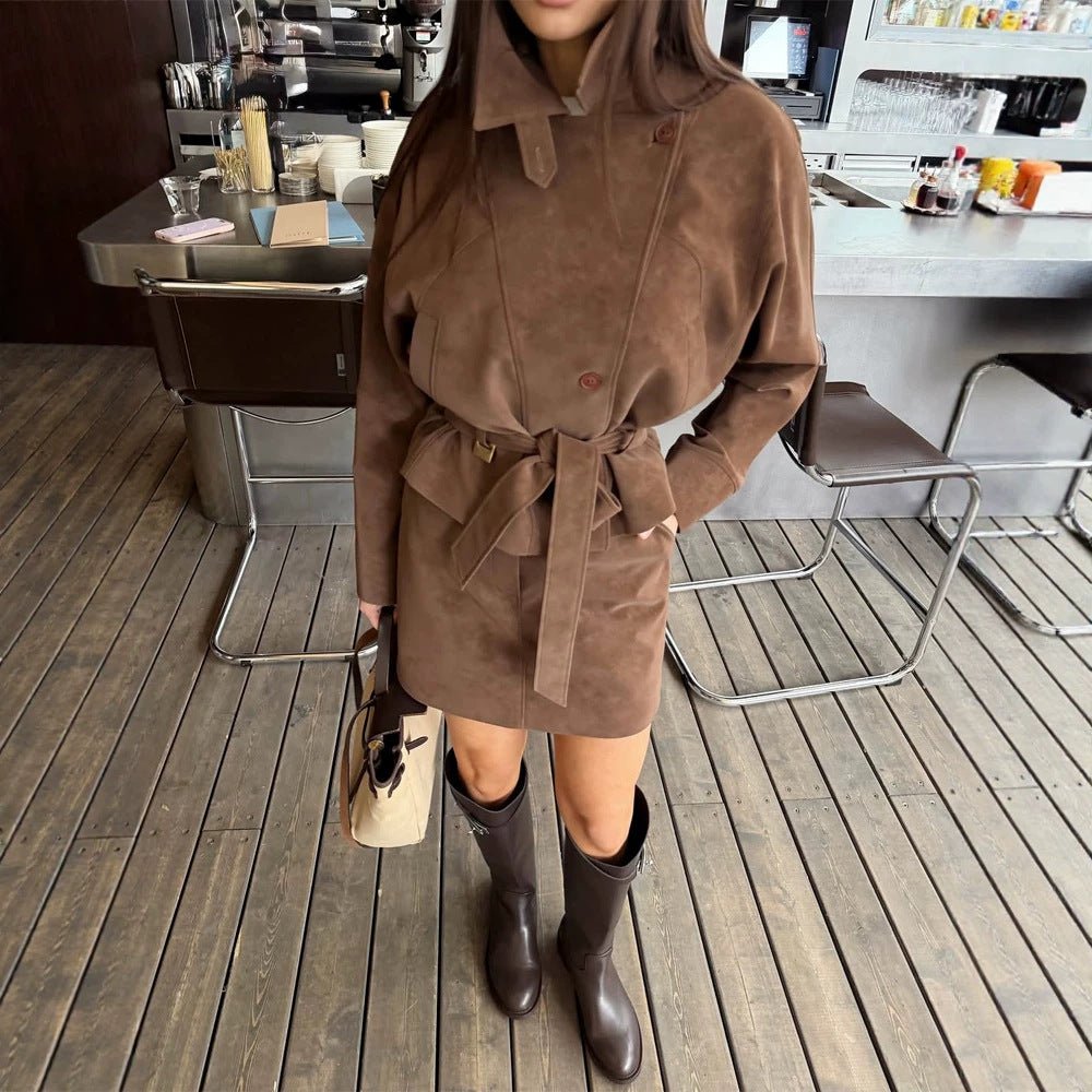 Women's Short Suede Set: Tailored Blouson with Stand Collar & Matching Mini Skirt Chichicherry - Chichicherry